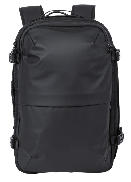 The LitePack Pro compression backpack with sleek black design and built-in vacuum system for maximizing travel space.