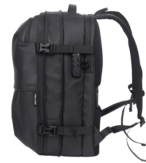 Streamline travel backpack with 12 compartments, built-in vacuum system for compression, maximizing space in sleek black design.