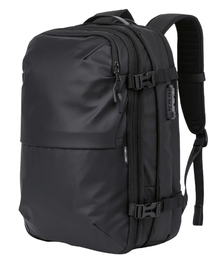 The LitePack Pro compression backpack in sleek black design with built-in vacuum system for space-saving travel packing.